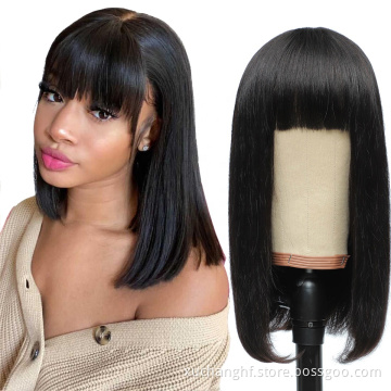 Machine Made Human Hair Wigs Straight Bob Wig With Bangs For Black Women Natural Color 150% Density Brazilian Bang Wigs